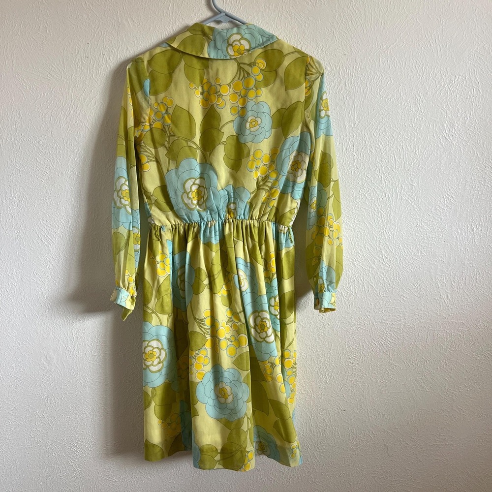Vintage 60s Floral Dress Long Sleeve Blue Yellow Small Medium romantic Boho - Picture 12 of 12